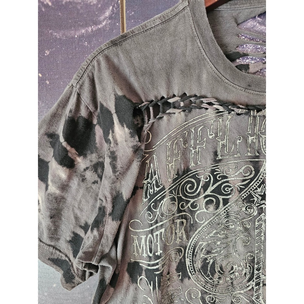 AFFLICTION Women Distressed Tie Dye Graphic‎ T Shirt Cut Out Ripped Gray L/XL - Picture 9 of 9
